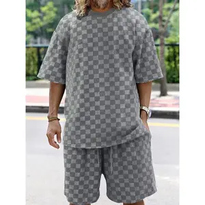 Men's Summer Casual Short Sleeve T-Shirt and Shorts Set, Checkerboard Pattern Two-Piece Outfit, Lightweight Breathable Relaxed Fit, Stylish Trendy Sportswear, Daily Wear, Travel, Beach, Comfortable Summer Loungewear