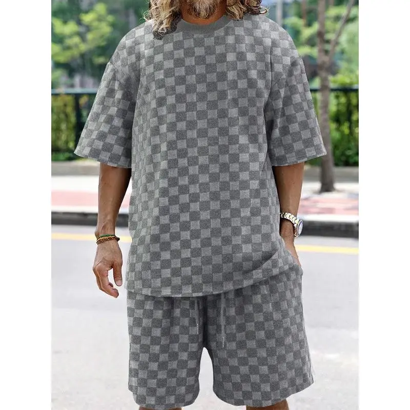 Men's Summer Casual Short Sleeve T-Shirt and Shorts Set, Checkerboard Pattern Two-Piece Outfit, Lightweight Breathable Relaxed Fit, Stylish Trendy Sportswear, Daily Wear, Travel, Beach, Comfortable Summer Loungewear