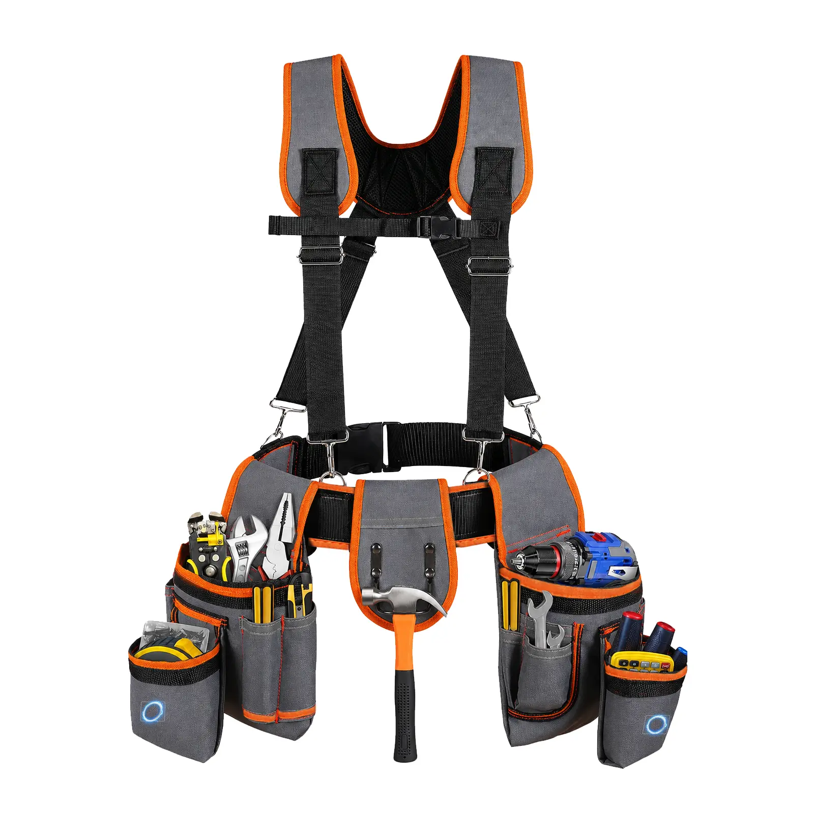 Heavy Duty Tool Belt with Suspenders - Oxford Fabric Construction Tool Pouch, 18 Detachable Pouches, Quick Release Buckle, Padded Comfort Harness, Adjustable Fit (32-66 in Waist), Gray Orange for Motorhome Maintenance, Framing Work