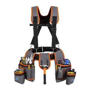 Heavy Duty Tool Belt with Suspenders, 18-Pocket Adjustable Tool Organizer for Construction, Framing, Electrical Work, Padded Comfort Harness, Fits 32-66 Inch Waist, Gray Orange