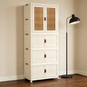 Space-Saving Folding Storage Cabinet Stackable Storage Organizer Bins with Wheels – Foldable Plastic Cabinet with Magnetic Door for Closet, Bedroom & Kitchen