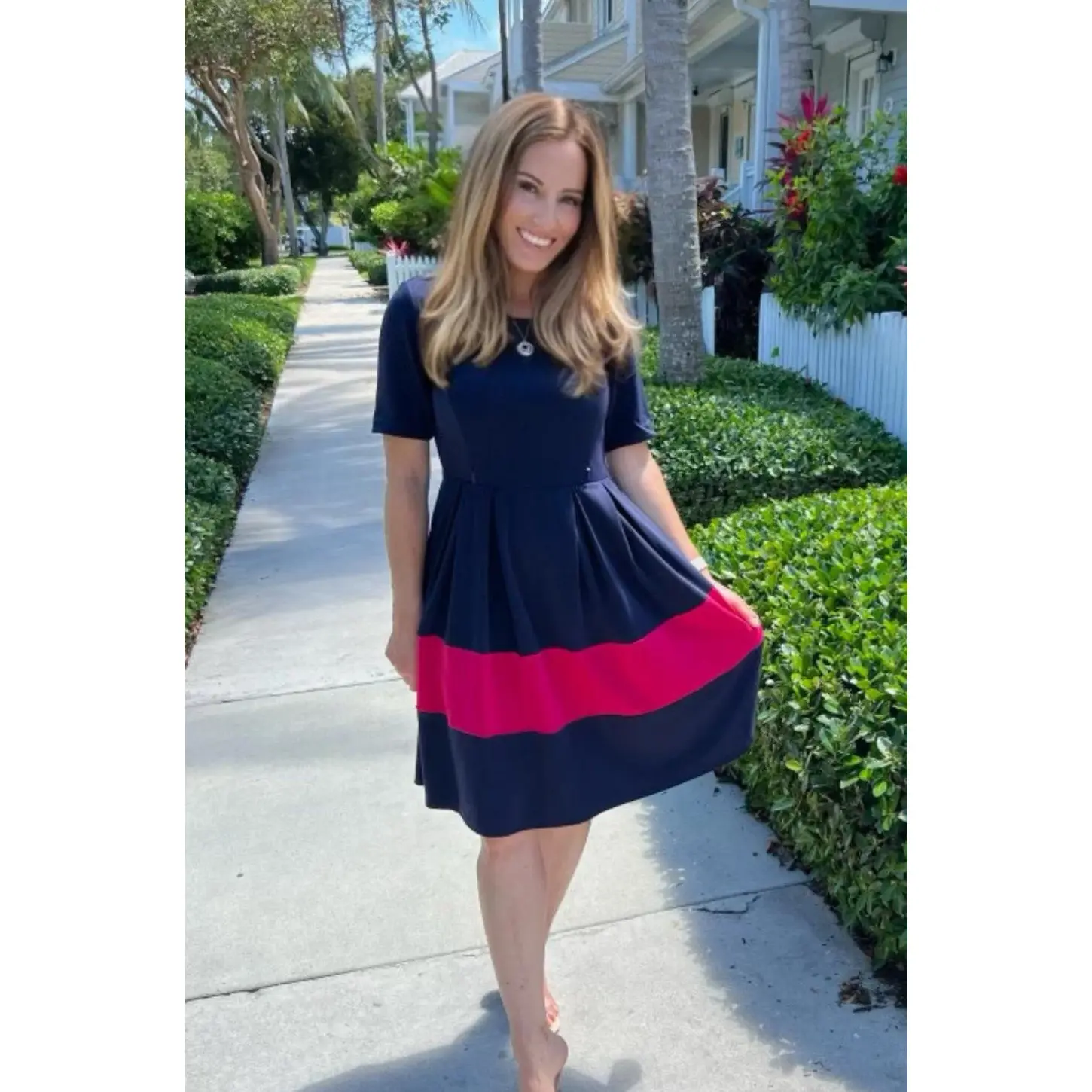 Fit and Flare Short Sleeve Nursing Dress - Navy/Pink Stripe