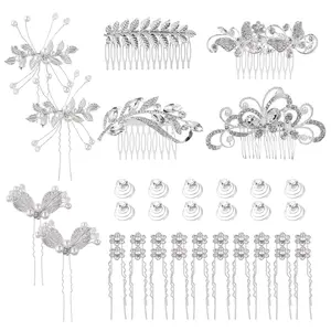 40 Pack Shinning Silver Rhinestone Butterfly Leaf Flower Bridal Hair Side Combs+U-shaped & Twist Hair Pins Clips Barrettes Wedding Headpieces Accessories for Women Girls Brides Bridesmaids