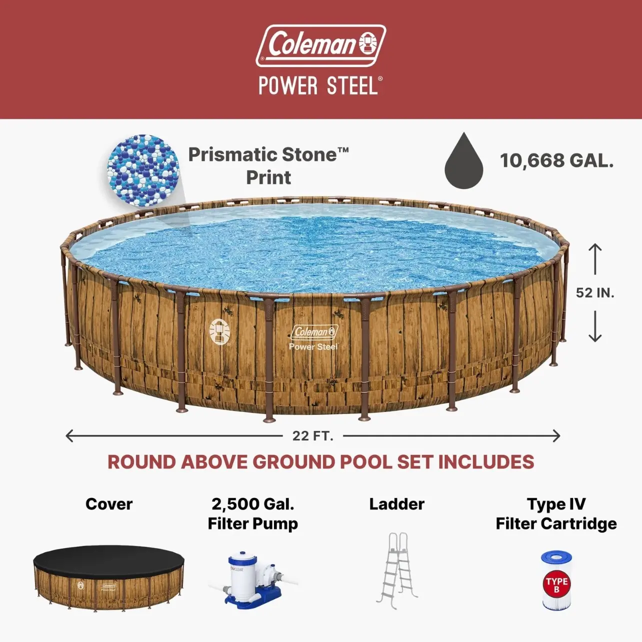 Coleman Power Steel 22' x 52" Round Metal Frame Above Ground Pool with ladder, pump
