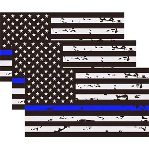 3 Pack Reflective New Tattered Thin Blue Line US Flag Decal Stickers | Compatible with Cars & Trucks, 5" x 2.7" American USA Flag Decal Sticker Honoring Police Law Enforcement Vinyl Window Bumper Tape