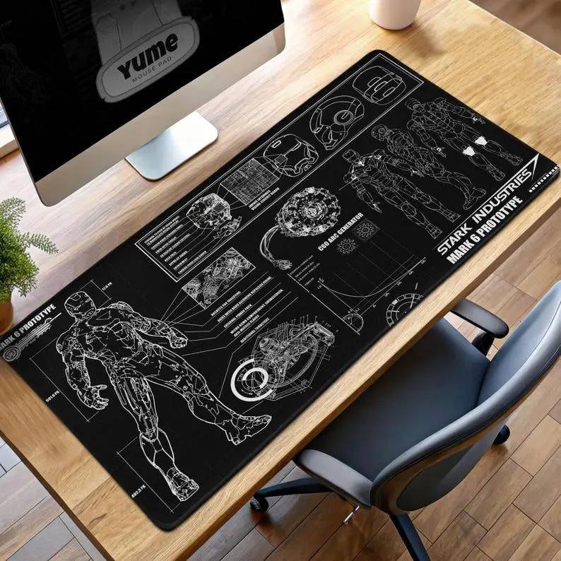 Black Blueprint Mouse Pad – Mark 6 Schematic Design, Superhero Gamer Gift, Desk Mat, PC Accessories.