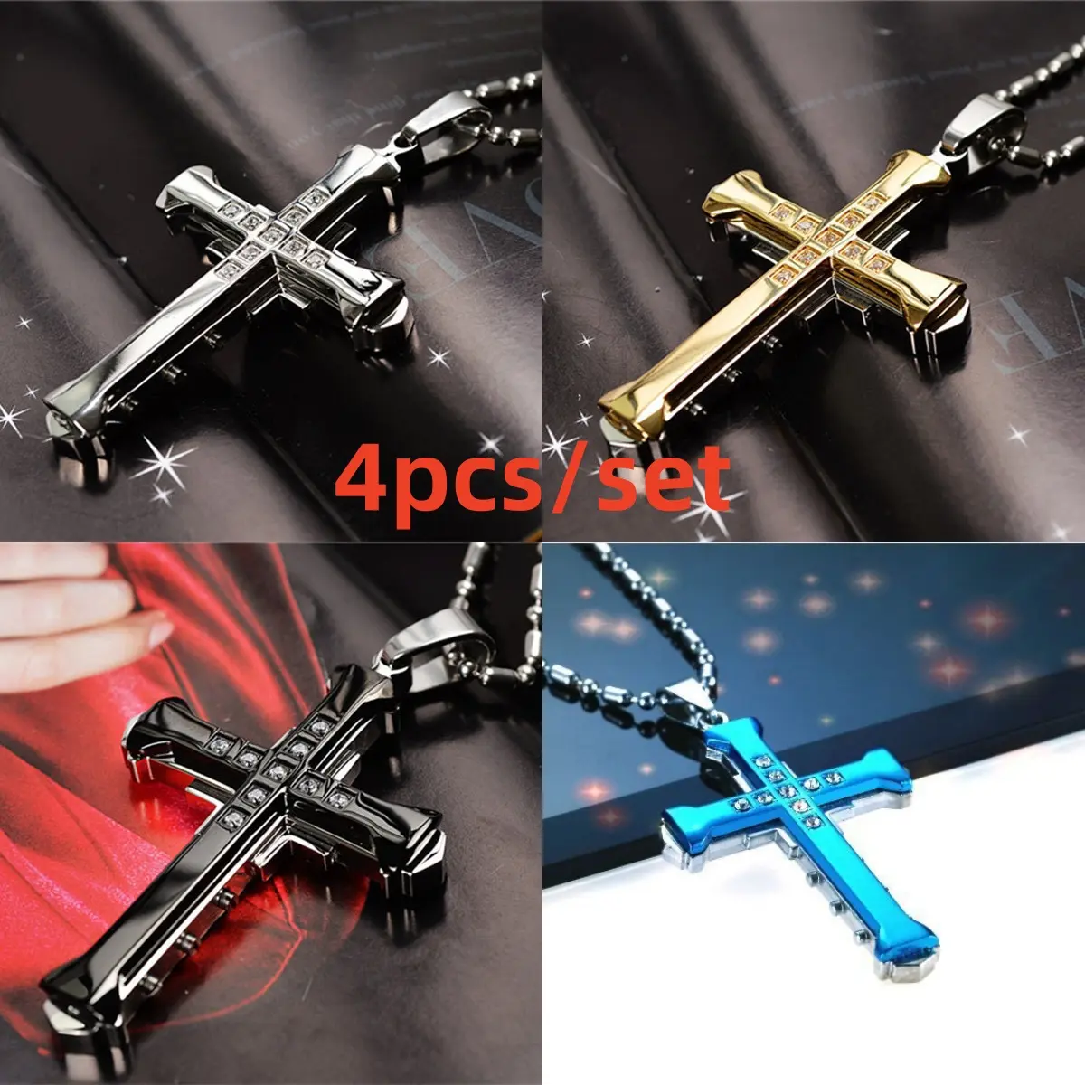 4pcs/ set Men's inlaid Synthetic Zirconia cross pendant necklace, classic jewelry, holiday gift 4pcs/ set Men's inlaid Synthetic Zirconia cross pendant necklace, classic jewelry, holiday gift