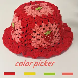 1pc Women's Handmade Crochet Strawberries & Hat - Vibrant Red with Pink Strawberry Design, Soft Non-Stretchy Yarn, Random Fruit Accents, Hand Wash Only for Casual & Fashion Outfits, Playful Accessory, Creative Craftmanship kid toddler elementary preschool