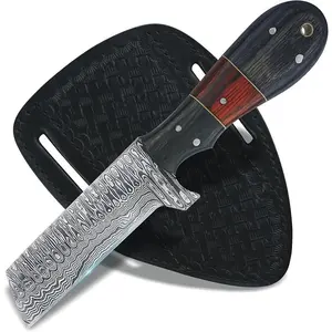 8" Sharp Bull Cutter Knife Damascus Steel Hunting Knife with Sheath for Belt, Handmade , EDC Fixed Blade Knife, Full Tang Cowboy Knife with Wooden Handle, Skinning Knife for Outdoor Camping
