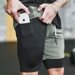 Men's Double Layer Sports Shorts Running Workout Quick-Drying Casual Fashion Solid Color Basketball Fifth Pants Male Double Layer Short