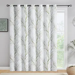 FMFUNCTEX 100% Blackout Patio Sliding Glass Door Curtains 84 Inch Long for Bedroom, Green Grey on White Tree Branch Patterned Drapes for Living Room Divider, Extra Wide Thermal Insulated Panels Fmfunctex