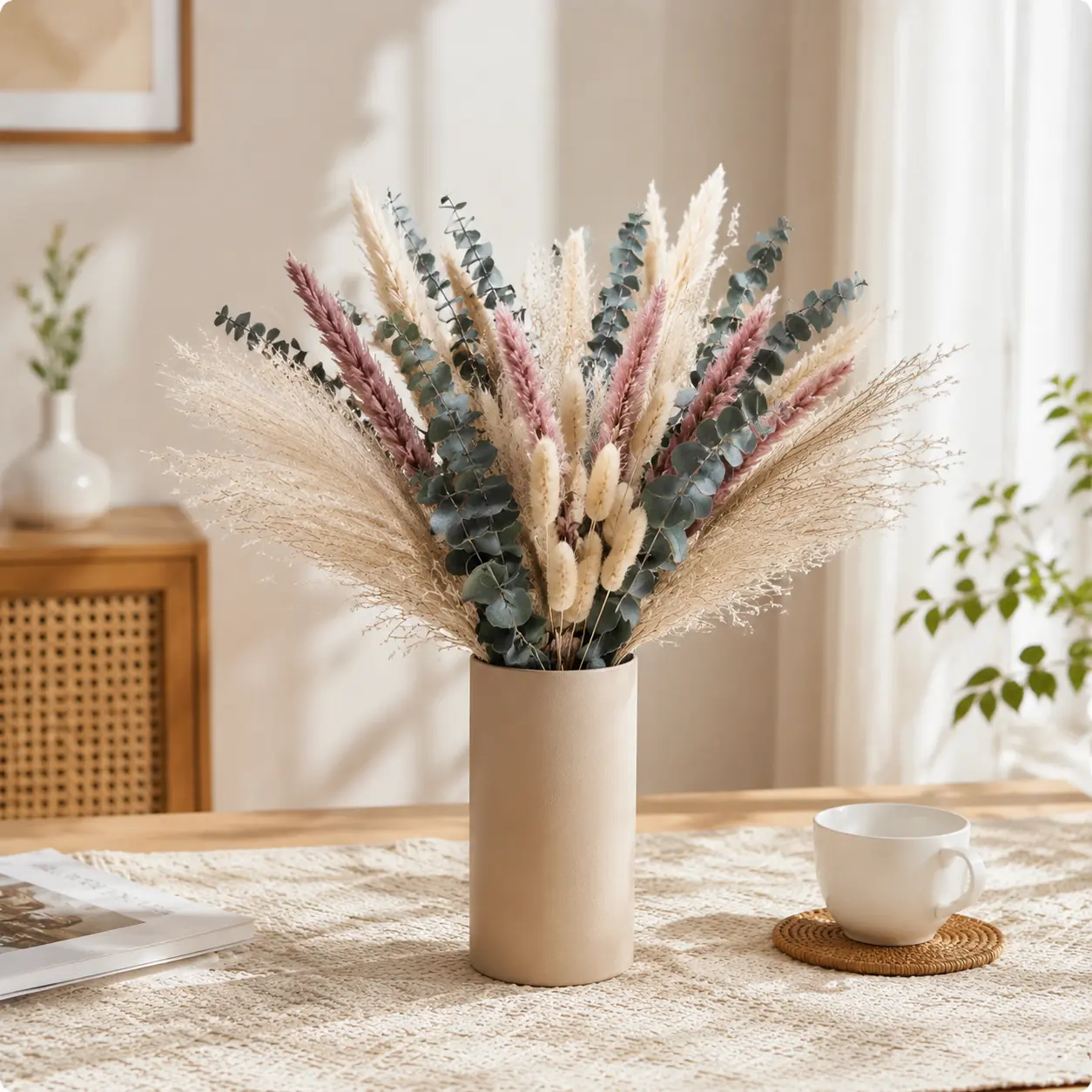 100pcs Boho Decorative Dried Flower Bouquet - Dried Eucalyptus, Bunny Tail Grass, Pampas Grass - Rustic Home Decor, Wedding Arrangements, DIY Floral Crafts, Plants