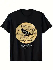 Men'S Vintage Poe Raven Graphic T-Shirt - Gothic Literary Tee with Raven & Poem Quote, Loose Fit Crew Neck Shirt for Adults & Teens, Machine Washable Everyday & Special Occasion Outfit, Casual We