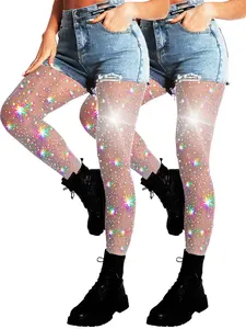 2 Pack Sparkly Large And Medium Mesh Fishnet Tights For Women Glitter Rhinestone Fishnets Stockings