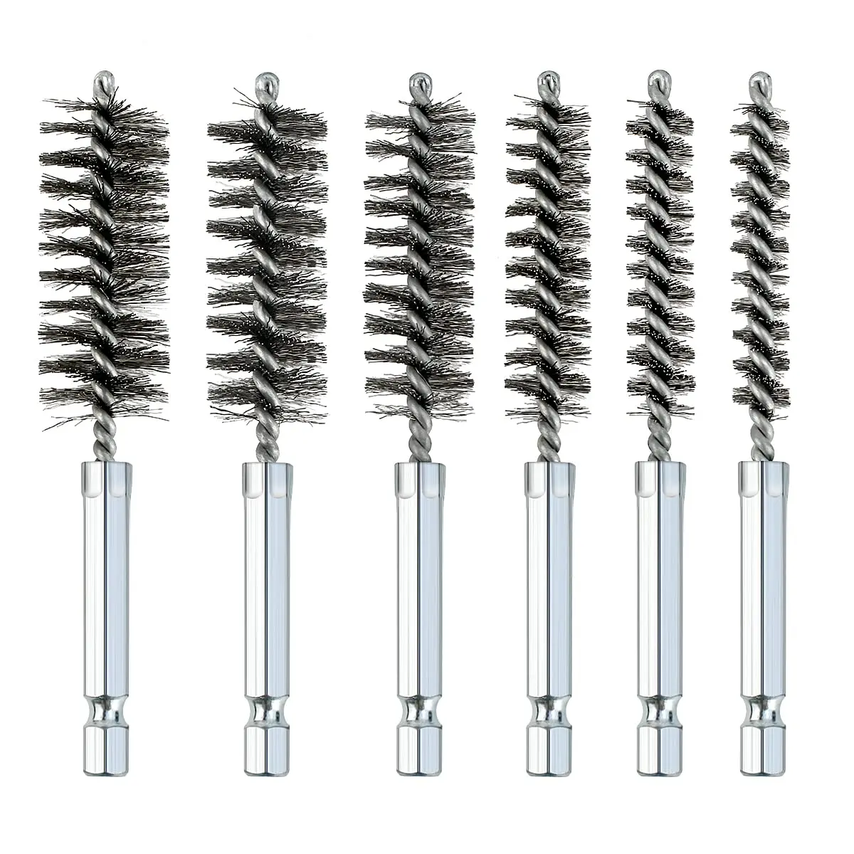 6-Piece Stainless Steel Pipe Brush Set, 1/4-Inch Hexagonal Handle, Twisted Wire Bristles, 8/10/12/15/17/19 mm Sizes, for Rust Removal, Pipe Cleaning