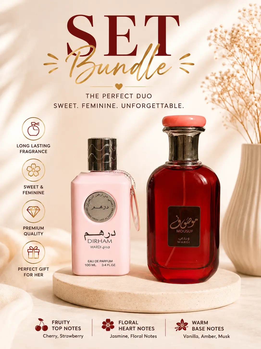 Dirham Wardi & Mousuf Wardi Perfume Gift Set for Women 100ml Luxury Eau De Parfum Bundle Long Lasting Fragrance