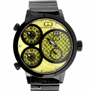 Curtis & Co. BIG TIME WORLD 57mm Yellow Dial Black Case Swiss Quartz Watch with 4 Time Zones Stainless Steel & Silicone Strap for Men Women Luxury