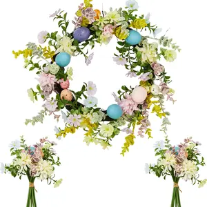 Easter Egg Floral Wreath with Spring Flowers and Greenery, Artificial Door Wreath with Real Rattan Base, Includes 2 Matching Bouquets, 18 22 24 Inch Front Door Decor