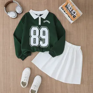 Ready Stock 2pcs Girls' Sweatshirt Set with Letter Print Warm Fleece Collar Drop Shoulder Long Sleeve Tops and Pleated Skirt Outfit 42508048