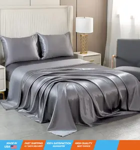 Sheets Queen Size, 4 Pieces Silky Soft Satin Bed Set Satin Bedding Set, Grey Satin Sheet Set with 1 Deep Pocket Fitted Sheet, 1 Flat Sheet, 2 Pillow Cases