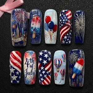 4th of July Fireworks Press On Nails | USA Patriotic Art, Independence Day Theme | Red White Blue Aesthetic, Stars Stripes, Festive Details