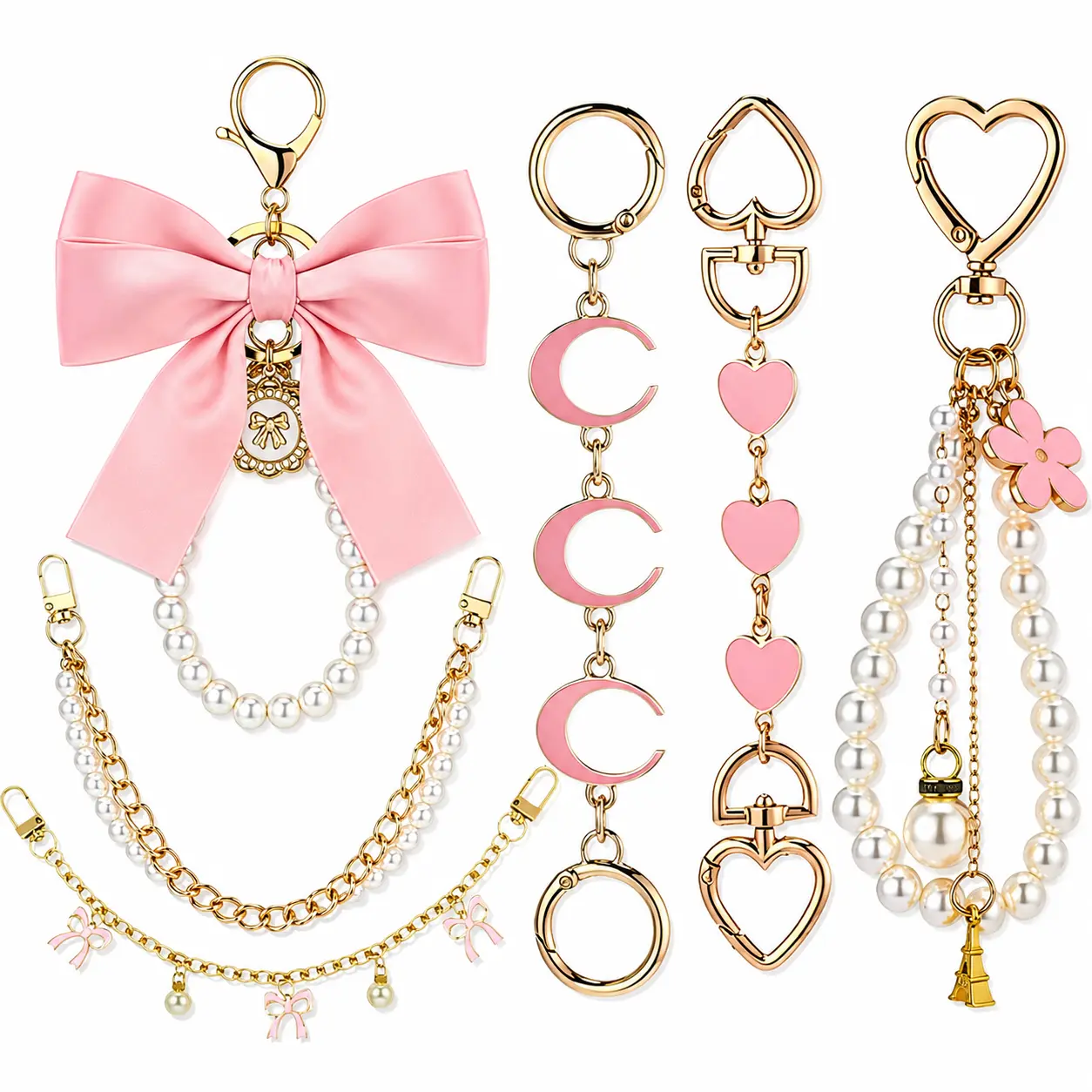 6 Pcs Bag Extender Chain Pearl Purse Chain Ribbon Bow Keychain Extender Bag Strap Purse Charms Accessories for Handbag, Bag Charms For Handbags, Bag Decoration