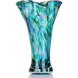 90 h teal glass vases for flowers hand blow glass vase teal home decor wide mouth green flower vase centerpieces for bookshelfdinner tableindoor office desktopmeeting roombathroomcountertop