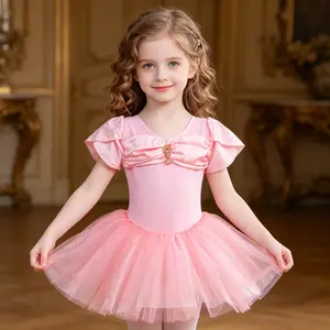 Girls Pink Princess Ballet Tutu Dress, Short Sleeve Bow Tulle Skirt Leotard, Kids Ballerina Dancewear for Performance & Birthday Party