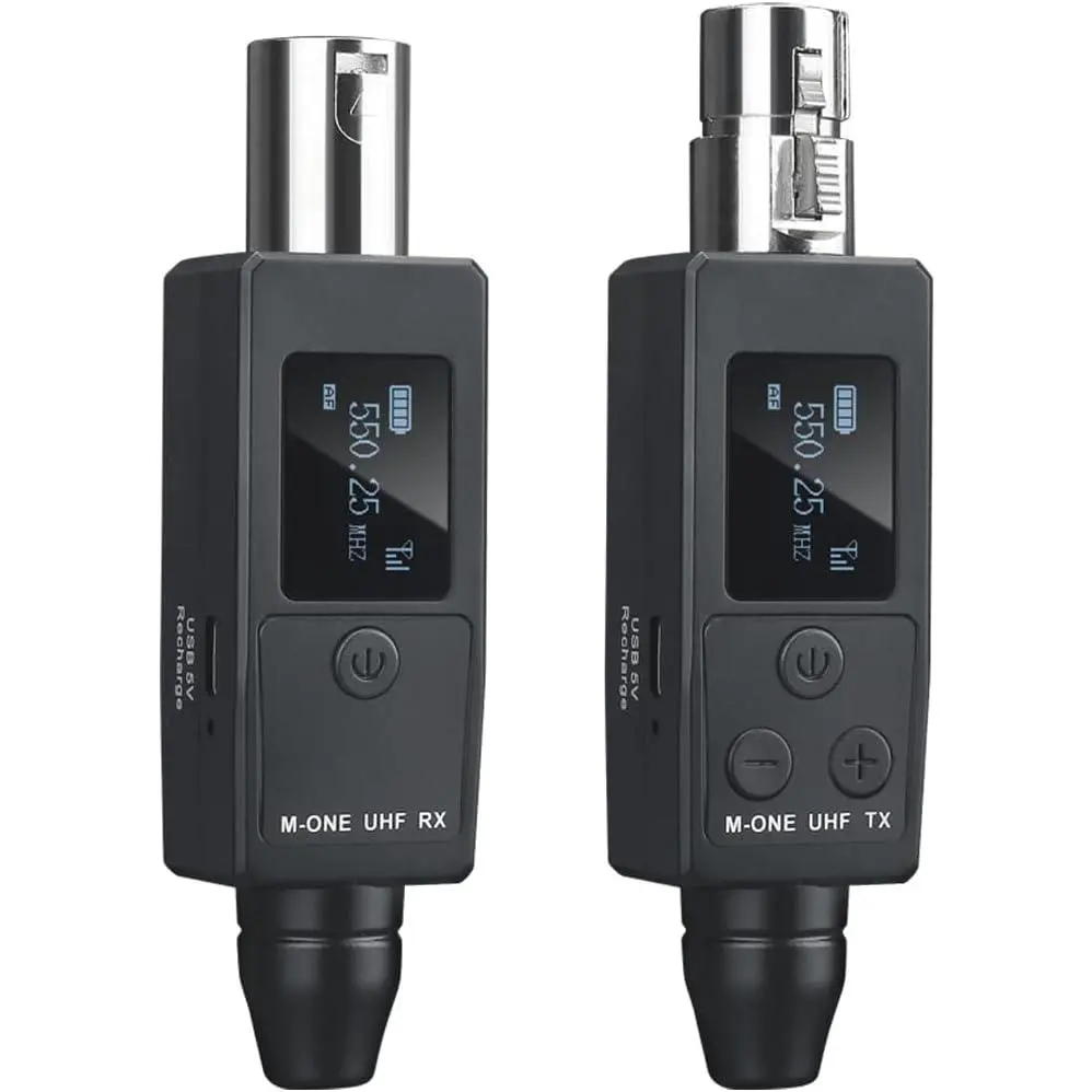 UHF  XLR Transmitter and Receiver Plug-on  Microphone System for Dynamic/Condenser Microphone,with 48V Phantom Power, Electric Guitar/Bass, and More,Audio Mixer, PA System