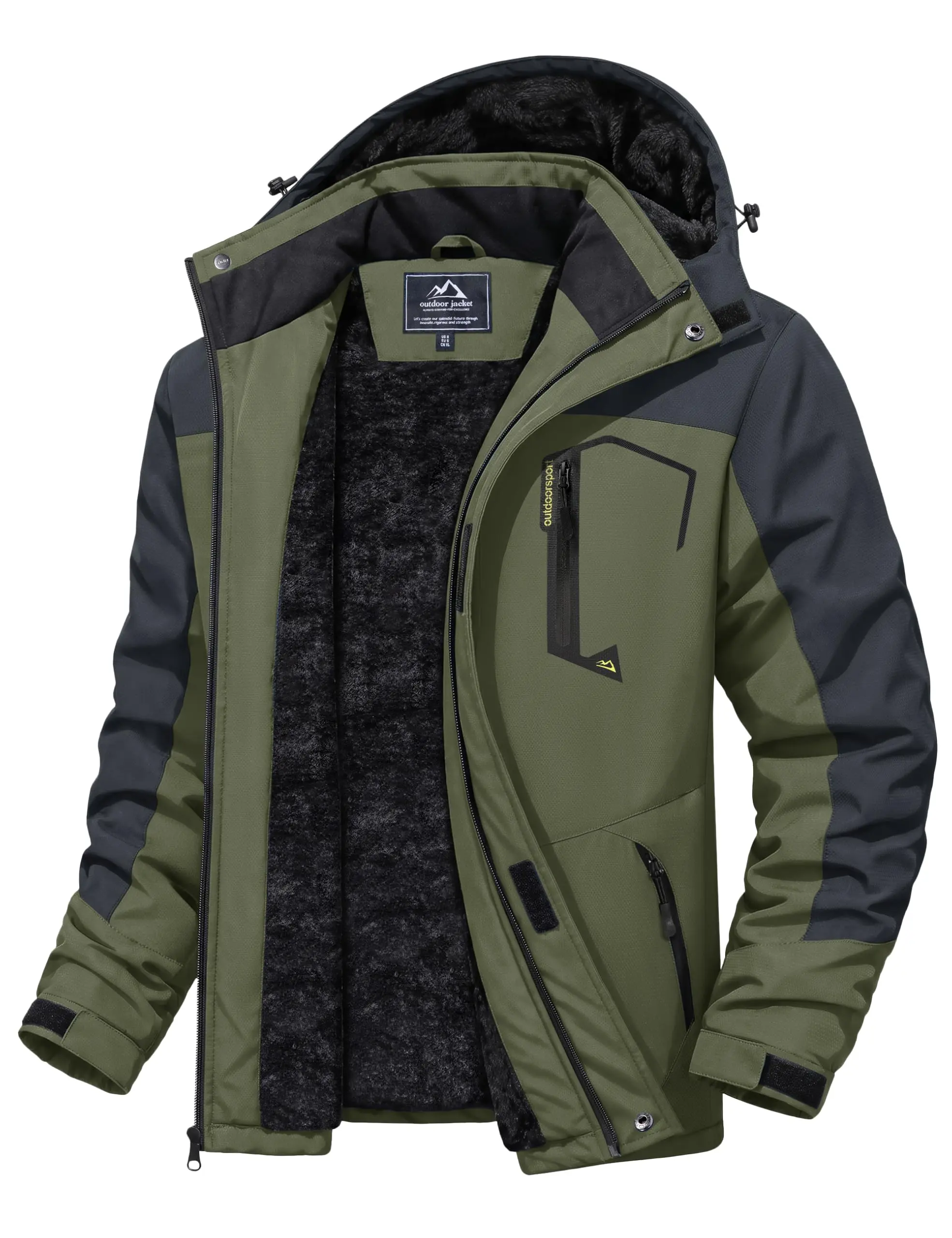 MAGCOMSEN Men's Insulated Active Jacket - Fleece-Lined, Waterproof, Windproof Zip-Up Outerwear with Detachable High-Neck Storm-Tight Hood for Skiing, Snowboarding, Fishing