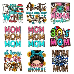 Mother's Day Iron on Transfer Stickers 9 Sheets DTF Design for T Shirts Dog Mom Wine Lover Cool Aunt 80s Style Custom Textual Decals for Clothing