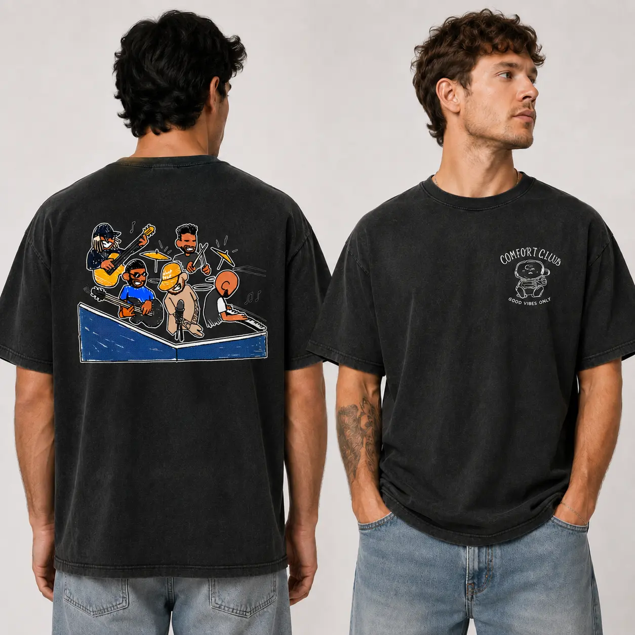 Comfort Colors Vintage Live Music Graphic Tee, Two-Sided Cartoon Band Jam Shirt, Washed Oversized Unisex Music Lover T-Shirt