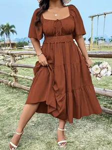 Women's Plus Size Fashion Casual Lace Patchwork Dress, Midi Length, Loose Fit, Short Sleeve, Woven Fabric, All Seasons, Elegant Style