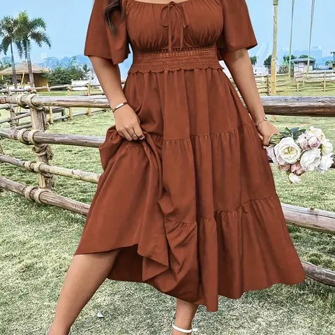 Women's Plus Size Chic Fashion Casual Lace Patchwork Dress, Midi Length, Loose Fit, Short Sleeve, Woven Fabric, All Seasons, Elegant Style, Womenswear, Plus Size Dresses, Casual Loose Sundress