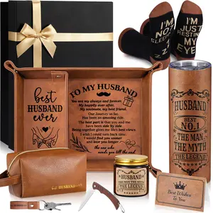 10 Pcs Valentine Gift for Men Dad Gift Set with Leather Tray Tumbler Toiletry Travel Bag Sock Scented Candle Wood Knife, Leather Gift Box From Son Daughter Wife for Father's Day Holiday Anniversary Birthday