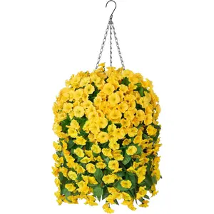 Artificial Faux Hanging Flowers Basket for Spring Summer Outdoor Porch Decor, Fake Silk Colorful Morning Glory Eucalyptus in Planter UV Resistant Look Real for Home Balcony Yard(Yellow)