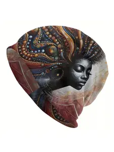 African Woman Printed Beanie Cap - Biihudu Fashionable Knit Hat with No Brim, Stretchable Polyester Elastane Blend, Lightweig