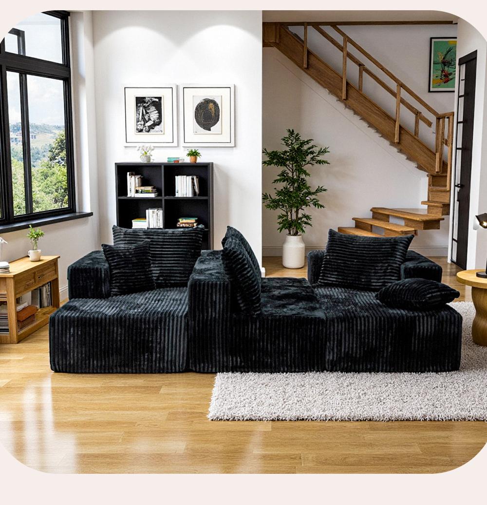 [Delivery of 3 items] [4 free throw pillows] 132-inch U-shaped modular modular sofa bed, textured cotton fabric material, suitable for living room, featuring a soft velvet fabric and deep seat design of convertible textured modular sofa bed