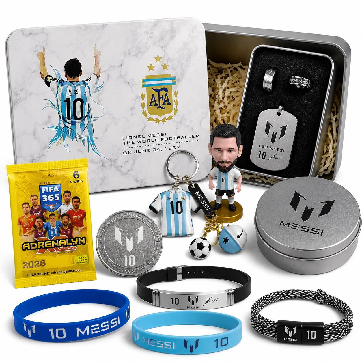 LM10 Theme Iron Tin Soccer Fan Ultimate Gift Bundle (1 Keepsake Box,1 Keychain,1 Figure,1 Necklace,2 Rings,1 Commemorative Coin,5 Wristbands) - 13-Item Premium Inter Miami Argentina No.10 Match Day Souvenir Set