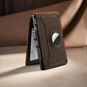 Men's Minimalist Bifold Wallet with AirTag Slot and RFID Blocking, equipped with pop-up card holder. It holds 7-9 cards and features a magnetic clip for up to 5 bills, AirTag not included, perfect Father’s Day summer gift