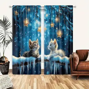 2 pieces, polyester material, high-definition digital printing star-gazing kitten pattern, light-filtering Window Curtain, suitable for bedroom, living room, office and home decoration, rod pocket design, suitable for wearing rods
