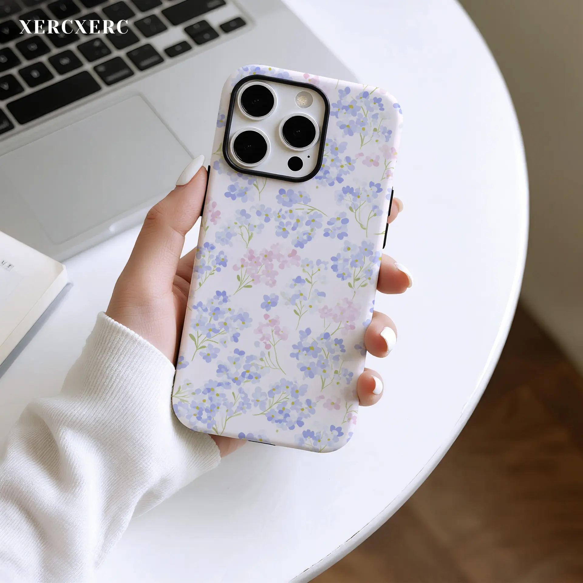 Blue and pink floral print 2-in-1 case with PC hard outer & TPU soft inner, large window, matte/glossy finish for phone 11-17 Pro ProMax Air