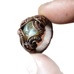 Liveartstudios Golden Topaz Solid Copper Artisan Hand-Crafted Ring with Intricate Wire-Wrapped Design