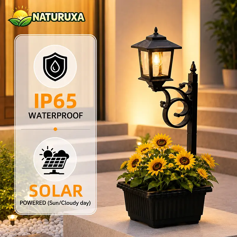 Naturuxa Solar Lamp Post Light With Flowerpot - Monocrystalline Panel (50% Higher Efficiency),12H+ Continuous Lighting, IP65 Waterproof, 3000K Warm White, Non-Mosquito Attracting, Tempered Glass