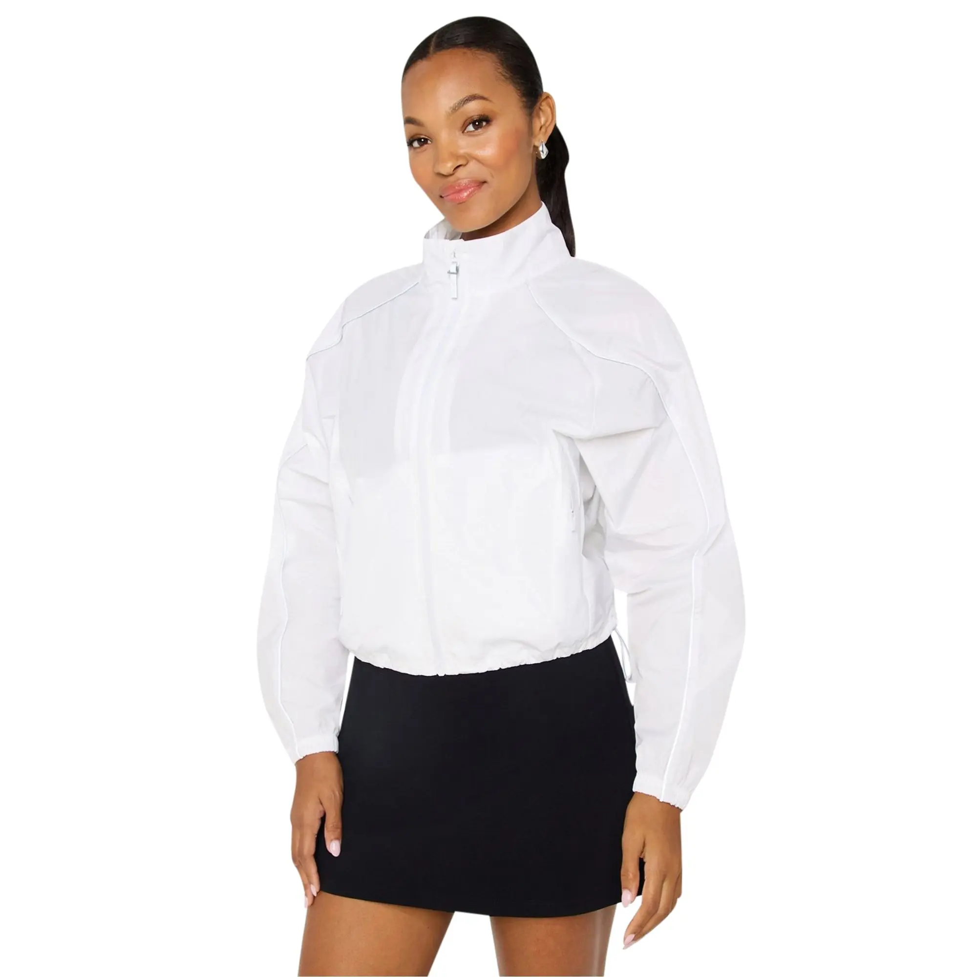 Fabletics Women's Long Reflective Tempo Lightweight Polyester High Neck Windbreaker - Pockets-Equipped Tops, Jackets, Evening Wear Outerwear Coat