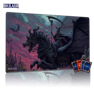 Gothic Skeleton Riding Black Dragon TCG MTG Playmat - 12x24in, Jack-o'-Lanterns & Castle Design, Non-Slip for Family Card Game, Halloween Dark Fantasy Gift
