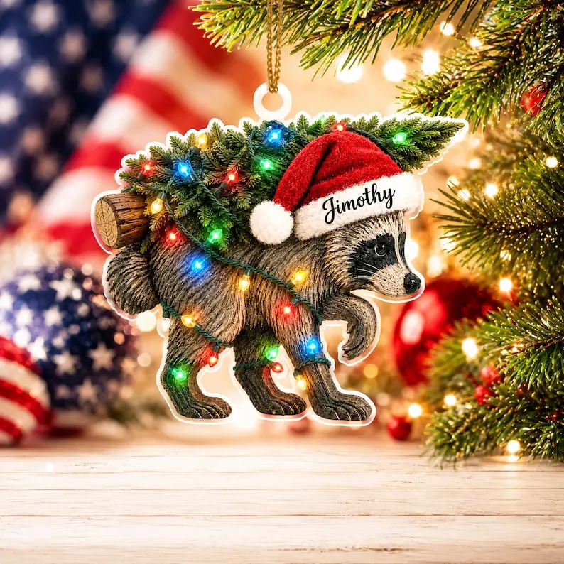 Personalized Jimothy Raccoon Ornament, Viral Seattle Christmas Decor, Funny Secret Santa Gift, 2D Flat Double Sided Holiday Keepsake Gift Acrylic Ornament