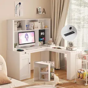 【Bellemave】L Shaped Desk with outlet, Computer Desk with Drawers, Bookshelf, Modern Corner Desk, Home Office Desk,L-Shaped Study Table Writing Desk,Corner Gaming Computer Desk with Storage
