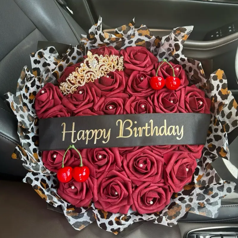 Burgundy Eternal Rose Bouquet - with Cherries, Cheetah-Leopard Tissue Rim, & Gold Crown - Ideal for Birthdays, Anniversaries and Just Because Gifts