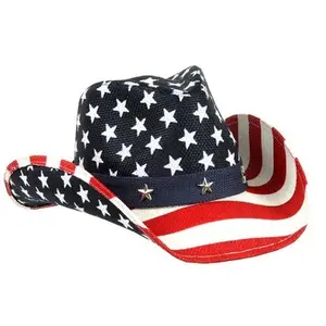 Western American Flag Cowboy Hat - Star Pattern with Red and White Stripes, Adjustable Strap, Classic Design